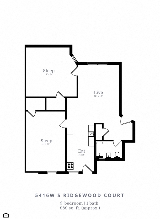 Floor plan for 2 beds, 1 bath, 989 sqft